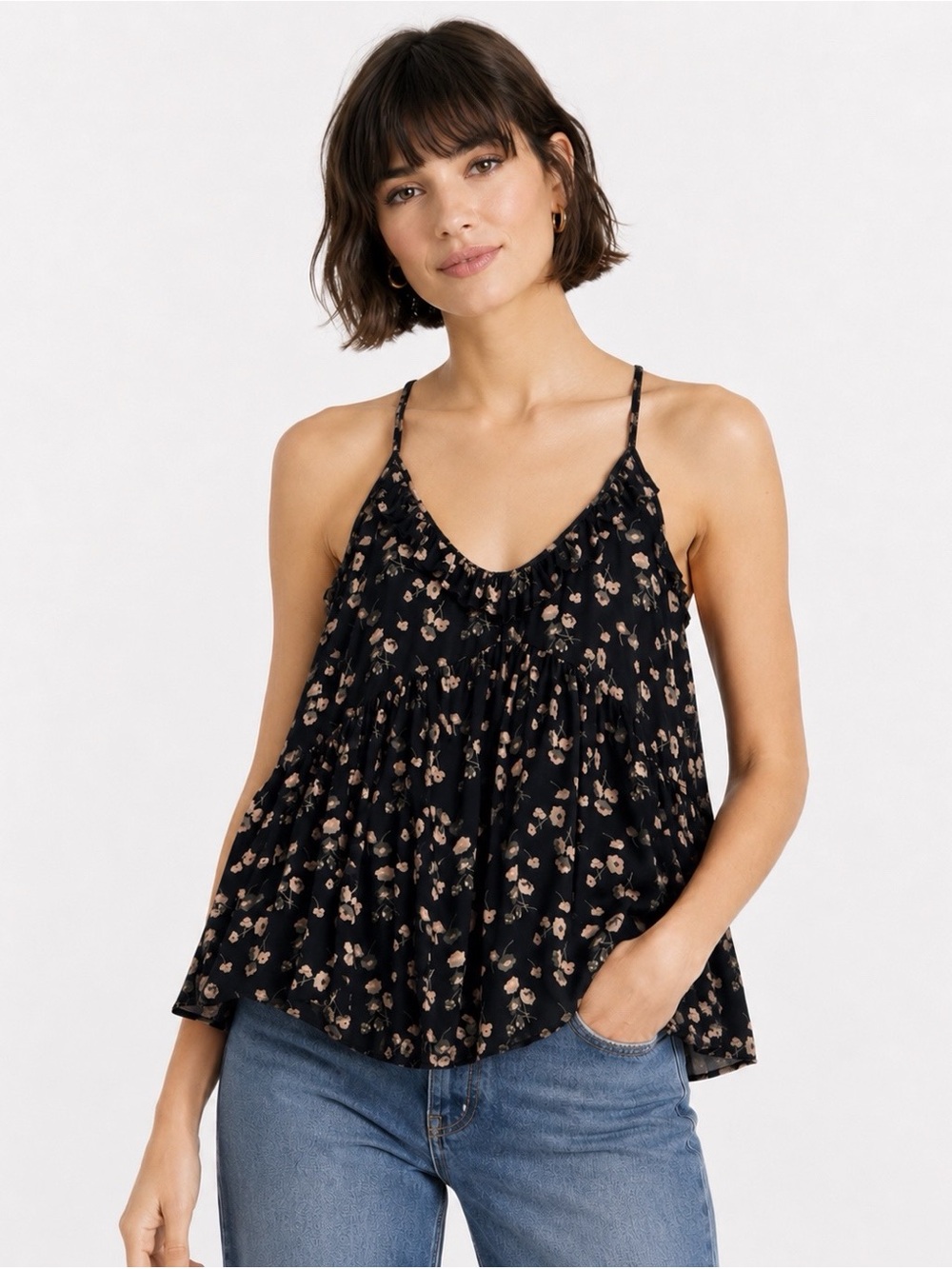 Rebecca Taylor 100% Silk Floral Ruffle Cami Black Blush Racerback Tank Top Sz 4